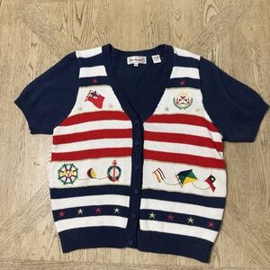 VTG Bechamel Medium‎ Red White Blue Short Sleeve Button Front Sweater Nautical